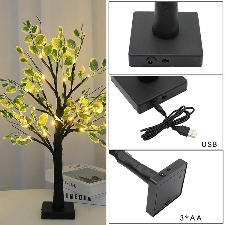 Juletræ med grønne blade og LED lys – Dekorativ hyggelig lampe til stue, soveværelse og gang