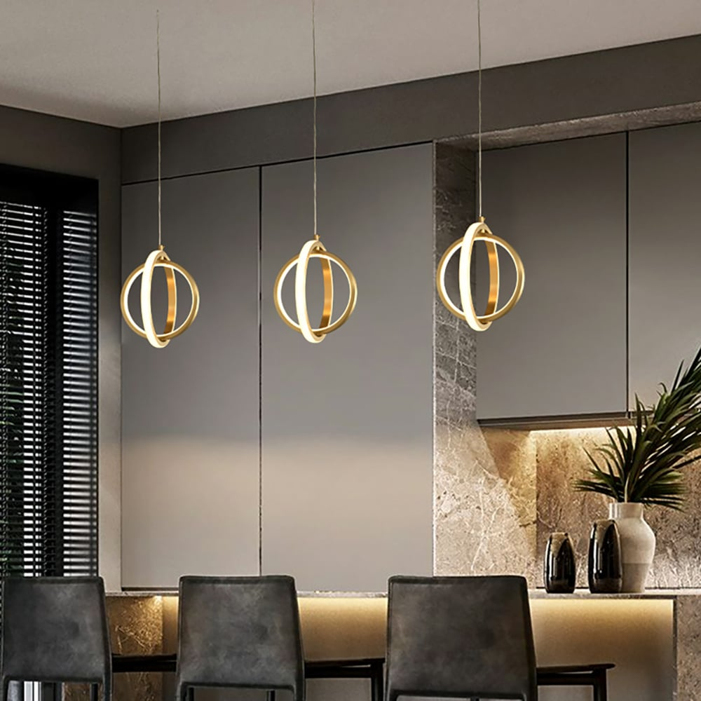 Guld geometrisk pendel 2-rings LED hængelampe i messing – Moderne elegant loftslampe til stue, køkken og spisestue