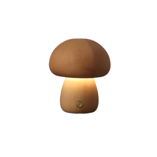 WoodShroom Light – Genopladelig Bordlampe i Træ med Dekorative Svampe til Hygge og Stemning