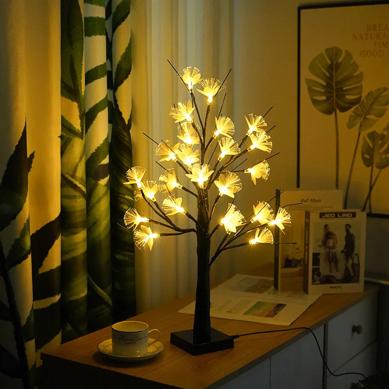 Hvid birkefiberoptisk blomstertræslys – Dekorativ hyggelig lampe til stue, soveværelse og gang